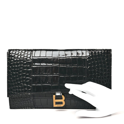 Balenciaga Shiny Calfskin Crocodile Embossed Hourglass Flap Flat Pouch Black 2 of 7