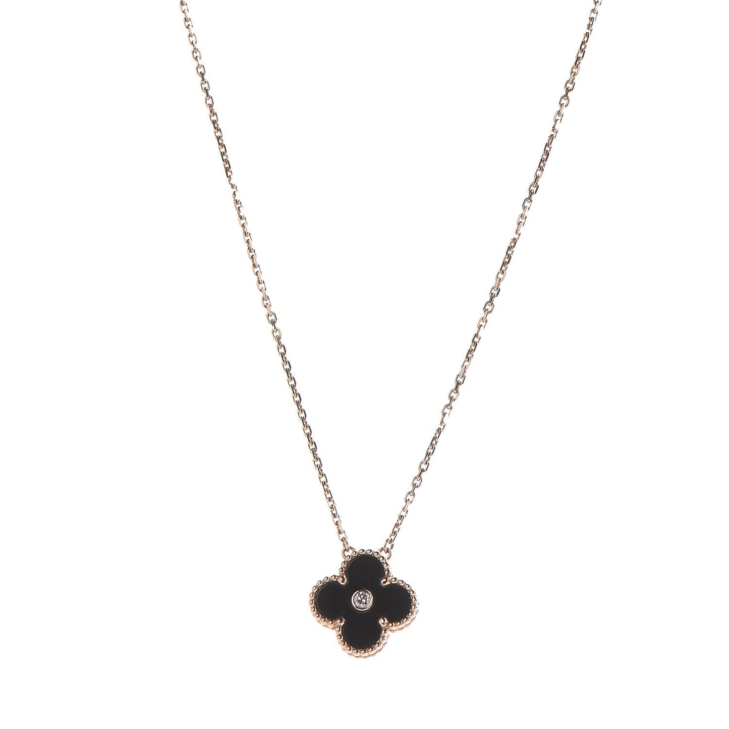 18K Rose Gold Diamond Black Onyx Vintage Alhambra Pendant Necklace