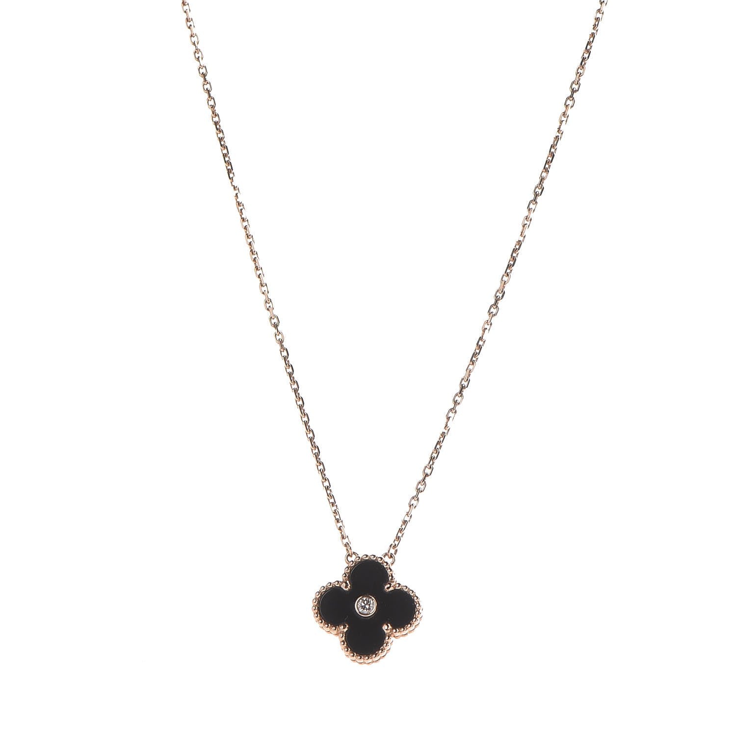 Van Cleef & Arpels 18K Rose Gold Diamond Black Onyx Vintage Alhambra Pendant Necklace 1 of 6
