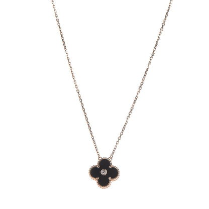Van Cleef & Arpels 18K Rose Gold Diamond Black Onyx Vintage Alhambra Pendant Necklace 1 of 6