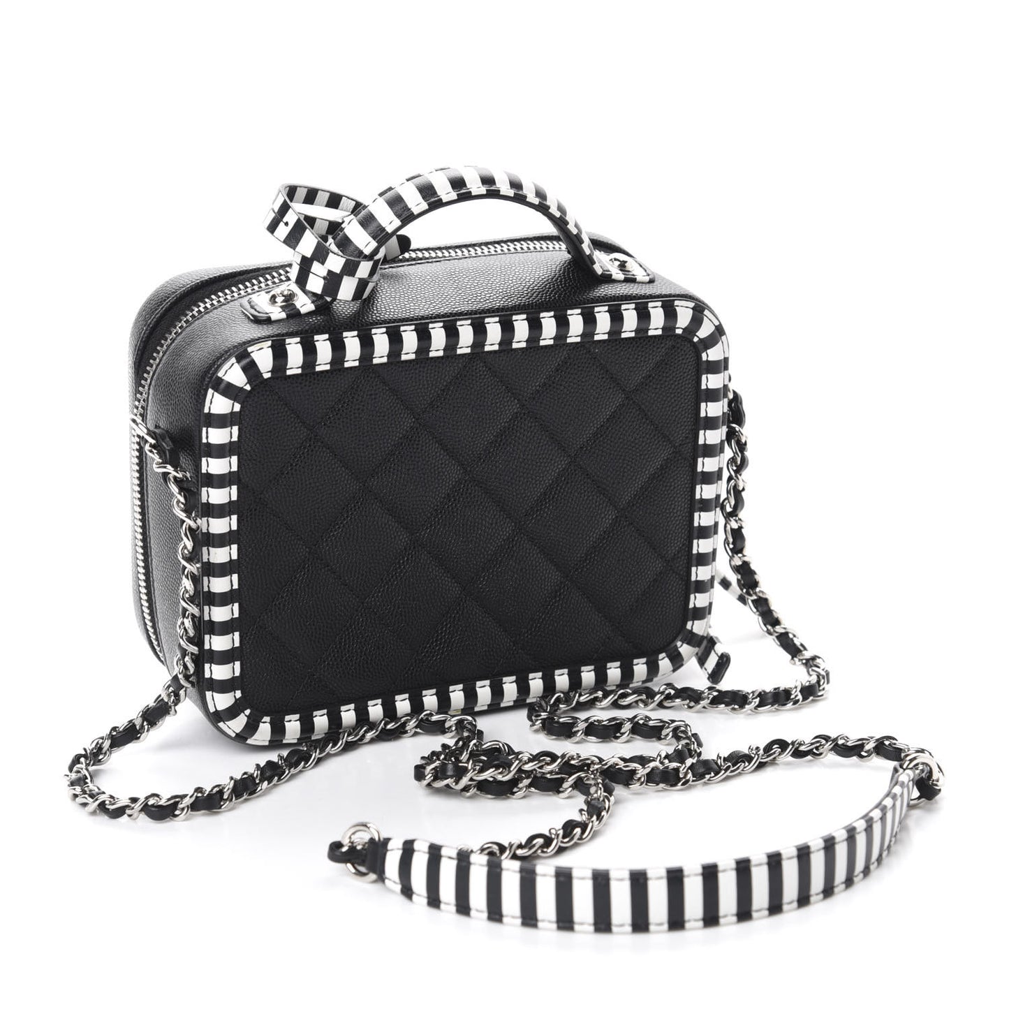Caviar Quilted Striped Small CC Filigree Vanity Case Black White