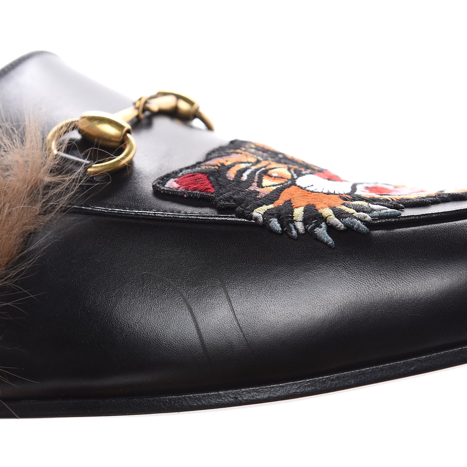 Gucci Calfskin Fur Angry Cat Embroidered Mens Princetown Slippers 7 Black 9 of 9