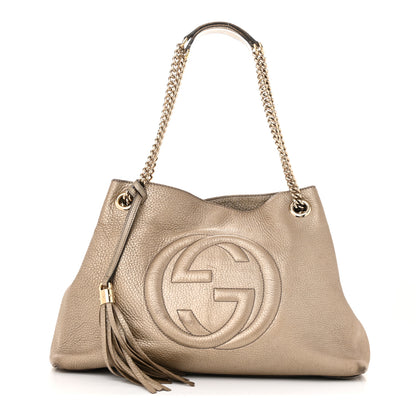 Gucci Metallic Pebbled Calfskin Medium Soho Chain Shoulder Bag Golden Beige 1 of 15