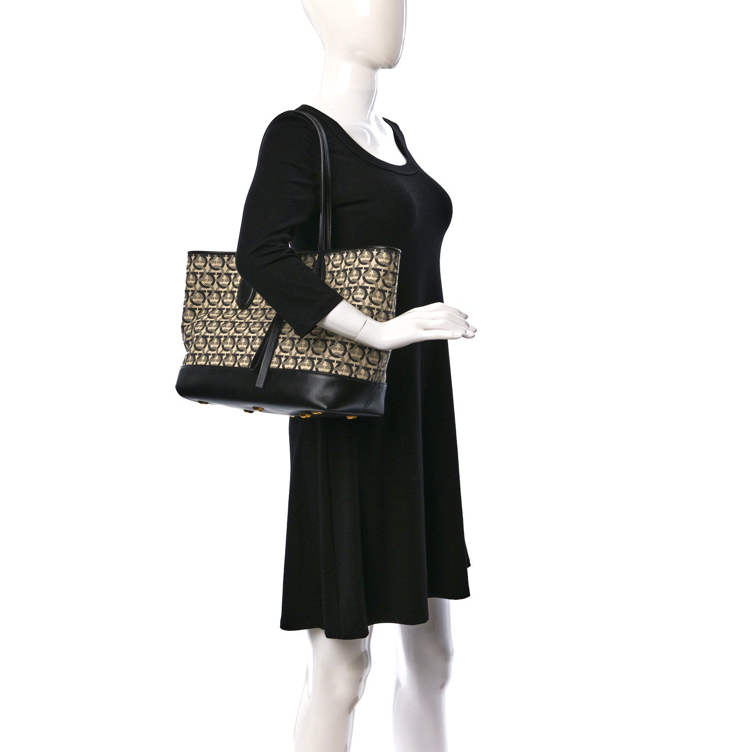 Salvatore Ferragamo Canvas Calfskin The Studio Tote Beige Black 2 of 11