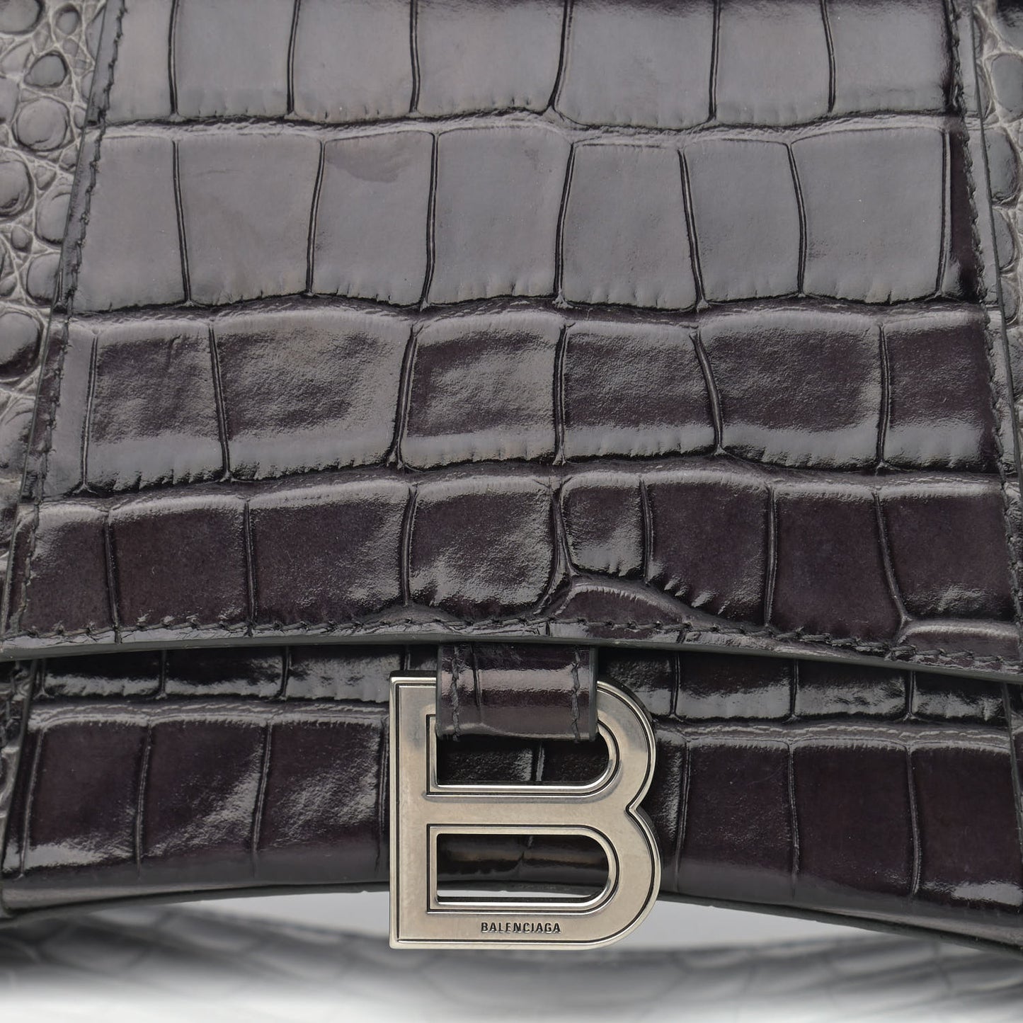 Shiny Calfskin Crocodile Embossed Small Hourglass Top Handle Bag Dark Grey