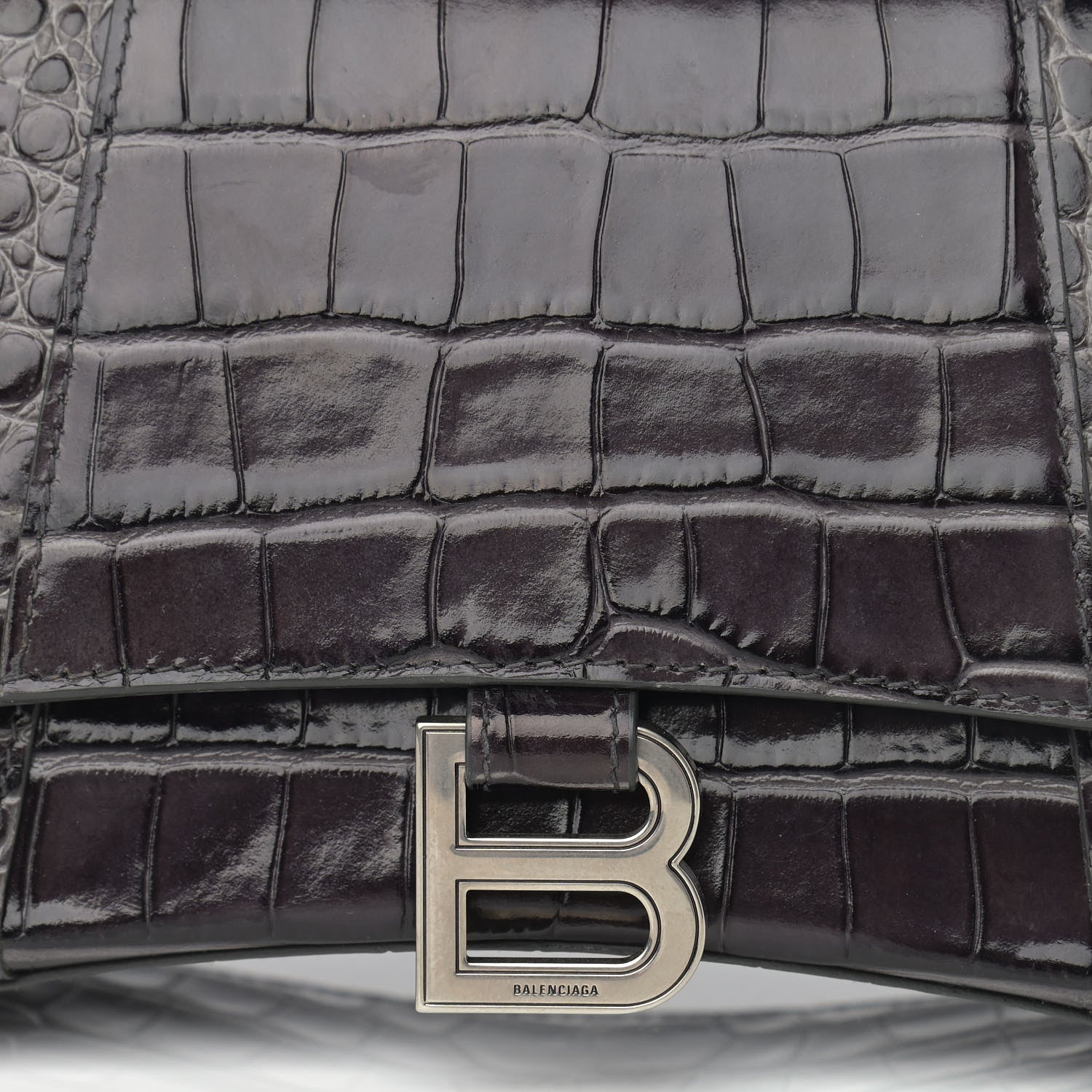 Balenciaga Shiny Calfskin Crocodile Embossed Small Hourglass Top Handle Bag Dark Grey 7 of 11