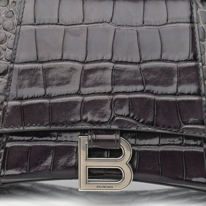 Balenciaga Shiny Calfskin Crocodile Embossed Small Hourglass Top Handle Bag Dark Grey 7 of 11