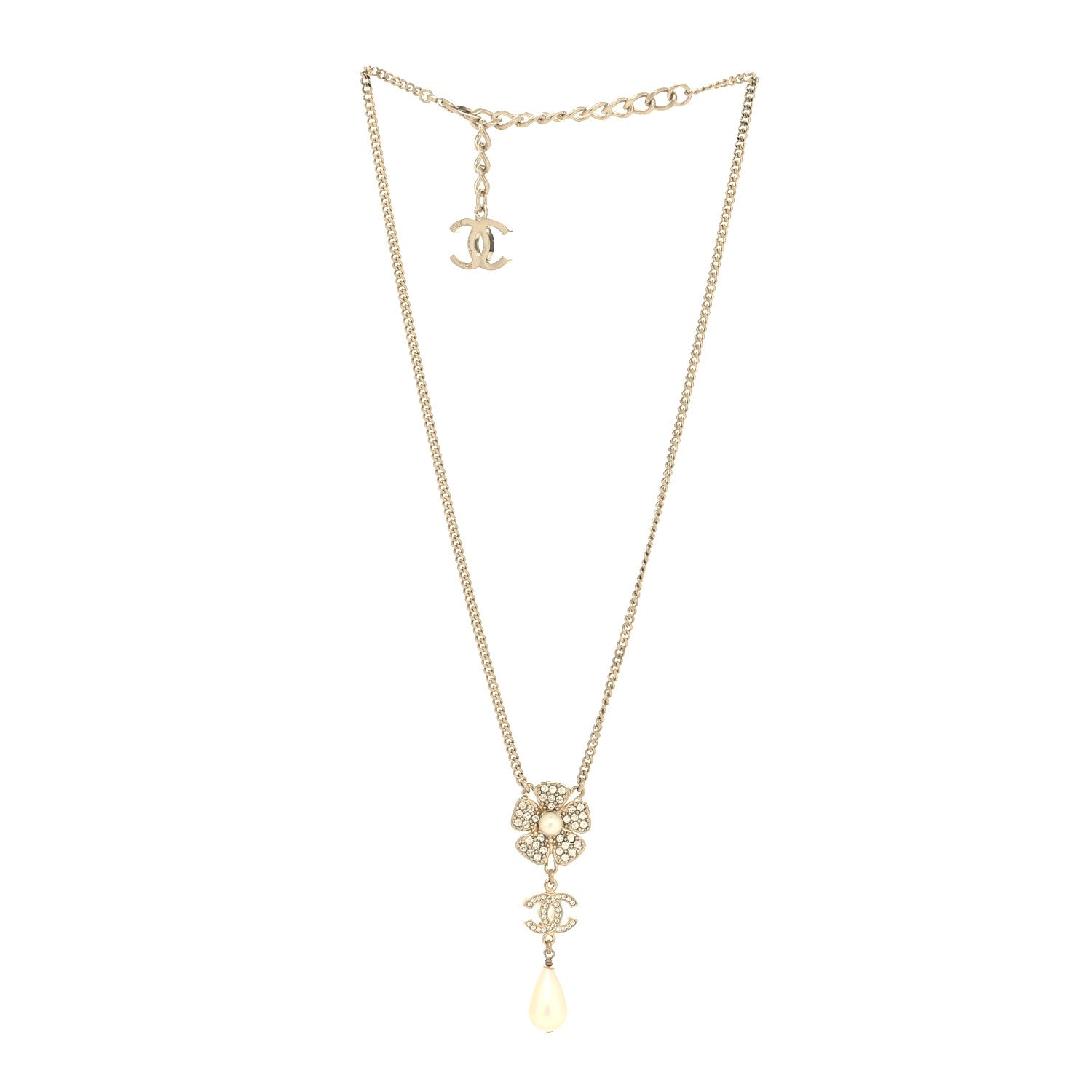 Chanel Crystal Pearl CC Flower Drop Necklace Gold 3 of 5