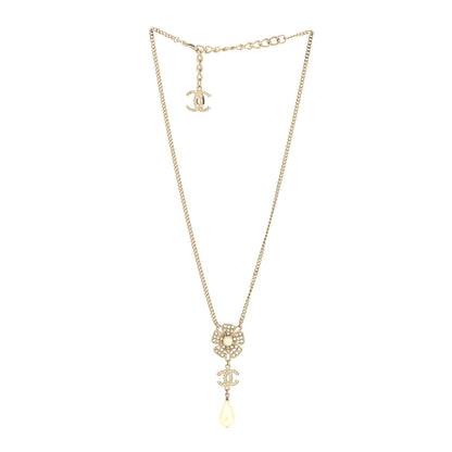 Chanel Crystal Pearl CC Flower Drop Necklace Gold 3 of 5