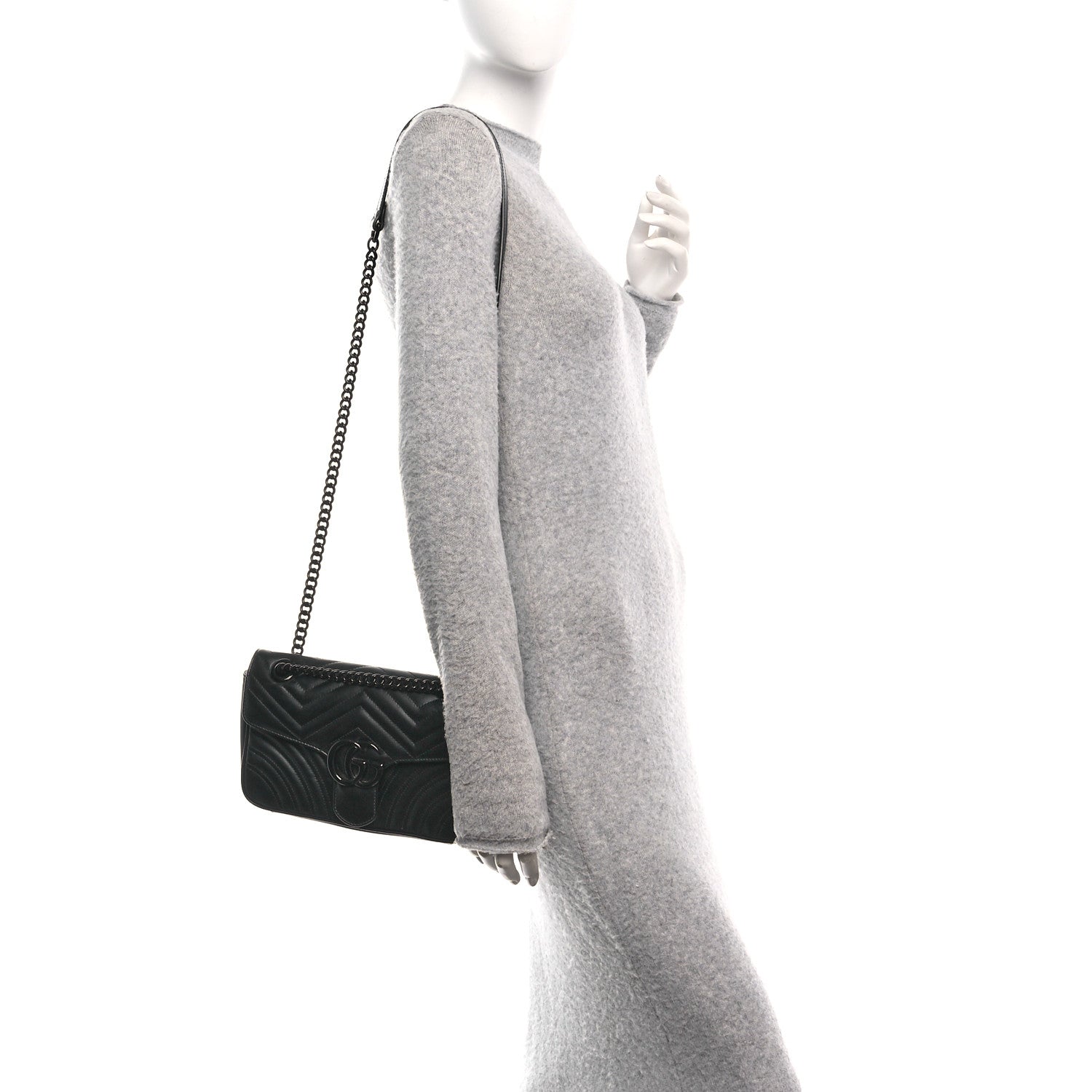 Gucci Calfskin Matelasse Monochrome Small GG Marmont Shoulder Bag Black 2 of 13