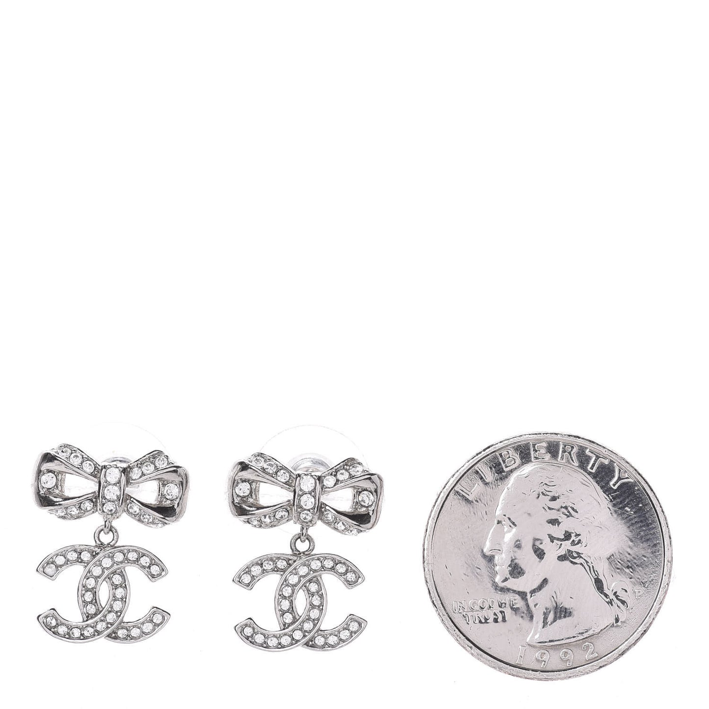 Crystal CC Bow Dangle Earrings Silver