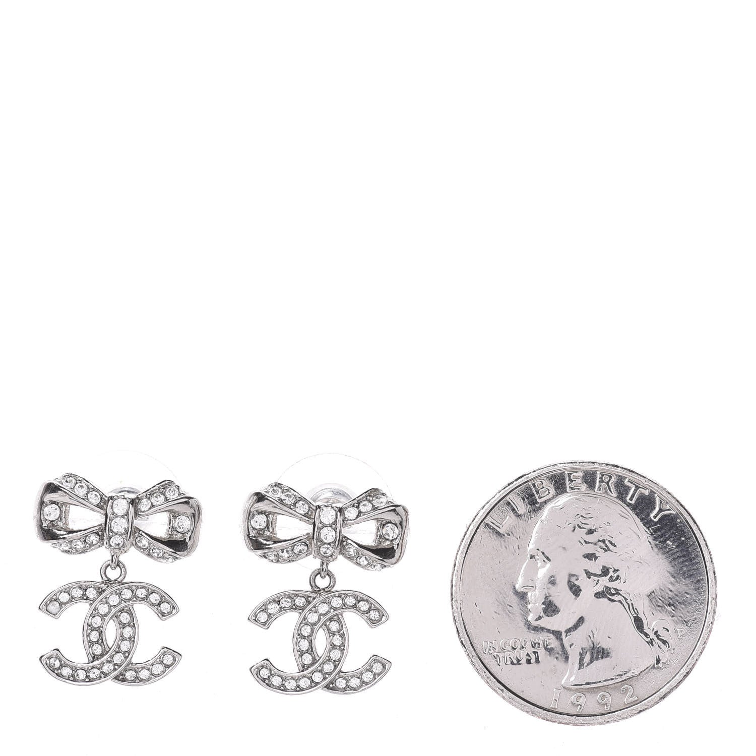 Chanel Crystal CC Bow Dangle Earrings Silver 2 of 4