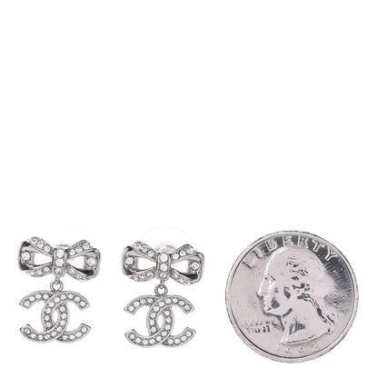 Chanel Crystal CC Bow Dangle Earrings Silver 2 of 4