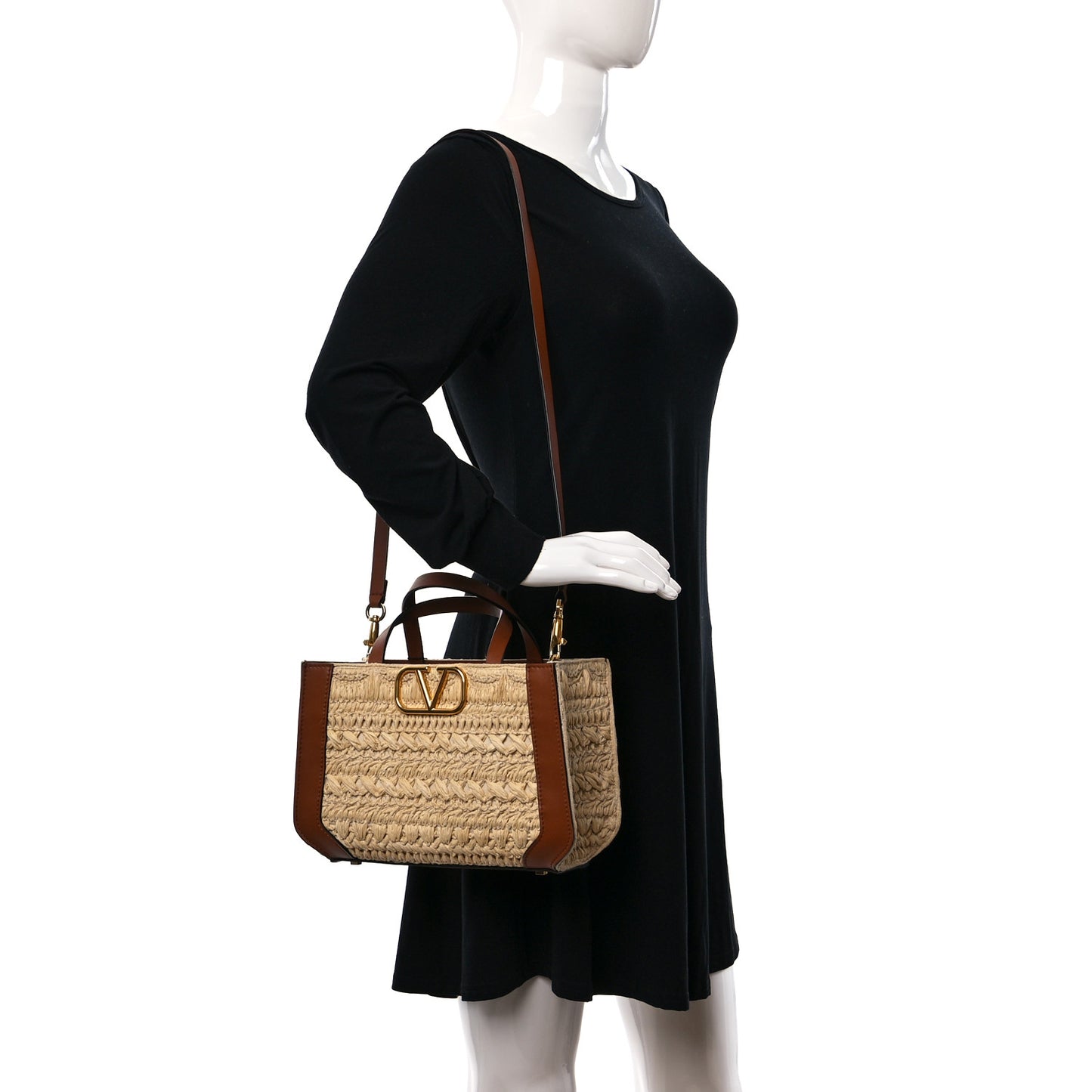 Raffia Calfskin Small Vlogo Signature Tote Natural Saddle Brown