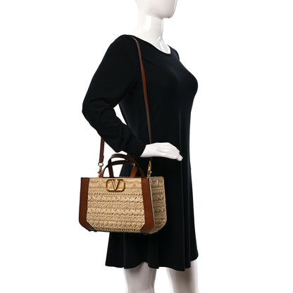 Valentino Garavani Raffia Calfskin Small Vlogo Signature Tote Natural Saddle Brown 2 of 9