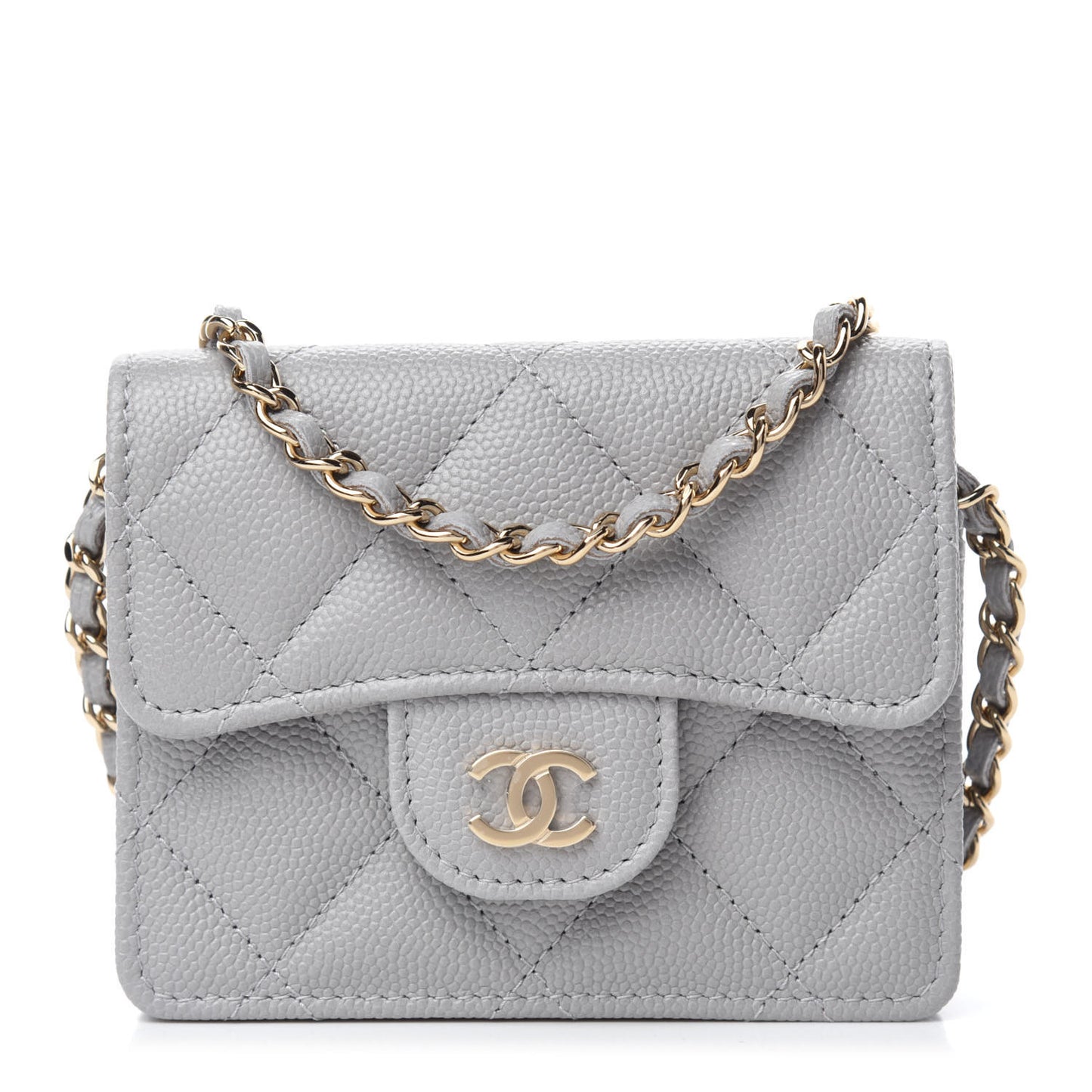 Caviar Quilted Flap Card Holder On Chain Grey