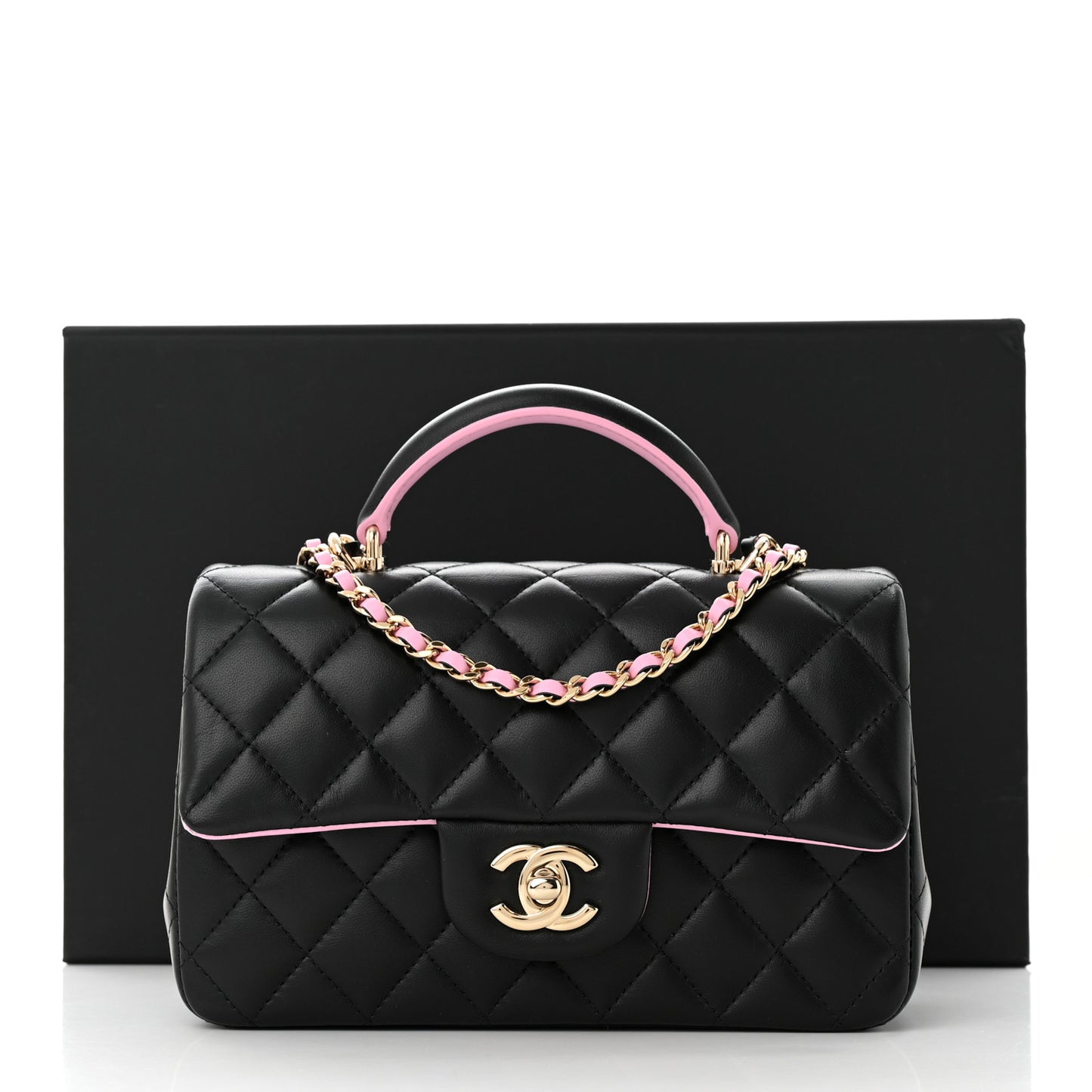 Lambskin Quilted Bi-Color Mini Top Handle Rectangular Flap Black Lilac