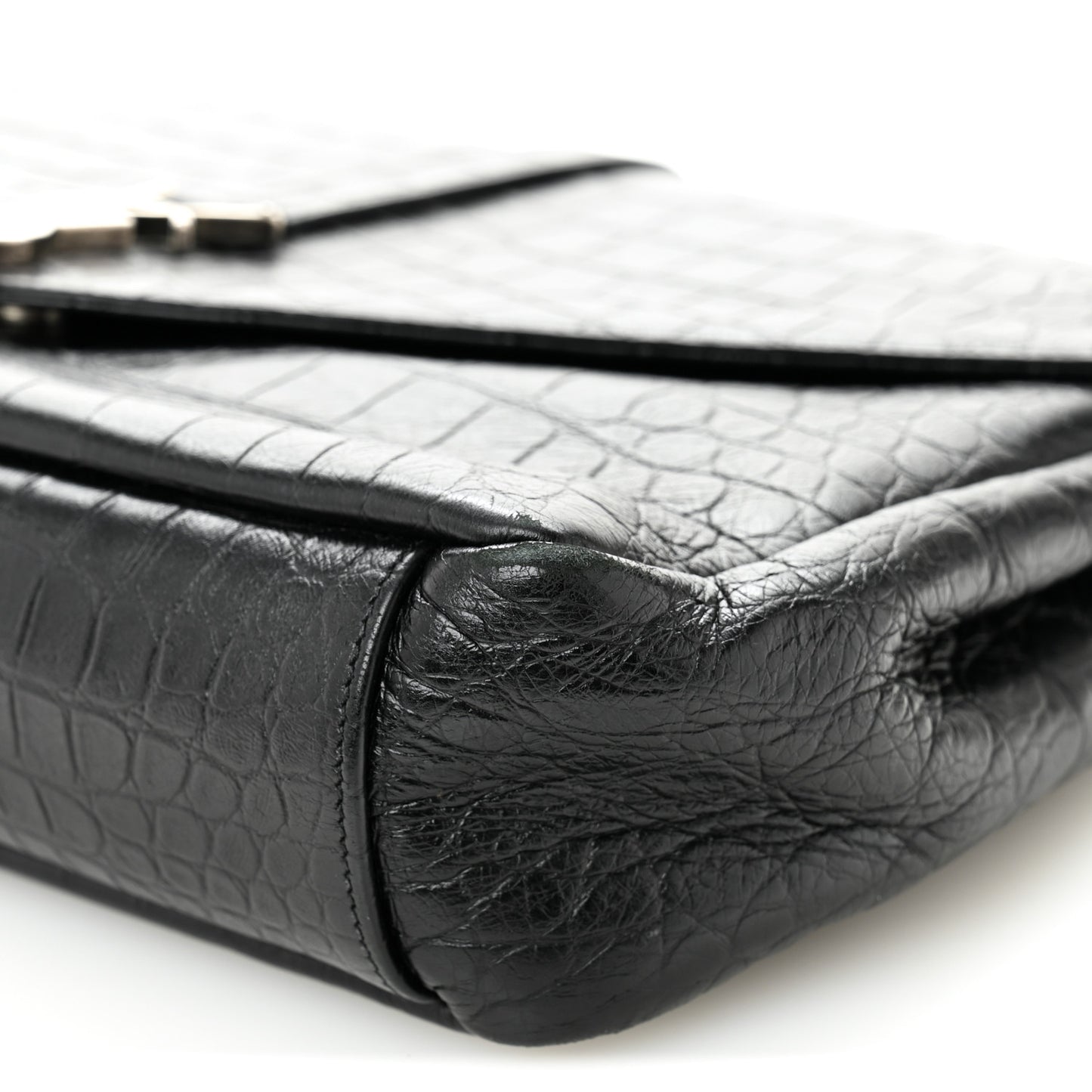 Calfskin Crocodile Embossed Large College Monogram Satchel Black