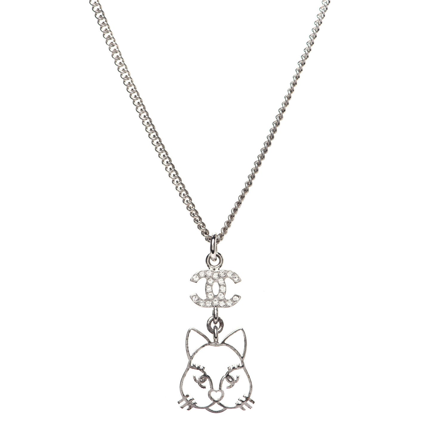 Crystal Emoji Choupette Cat Pendant Necklace Silver