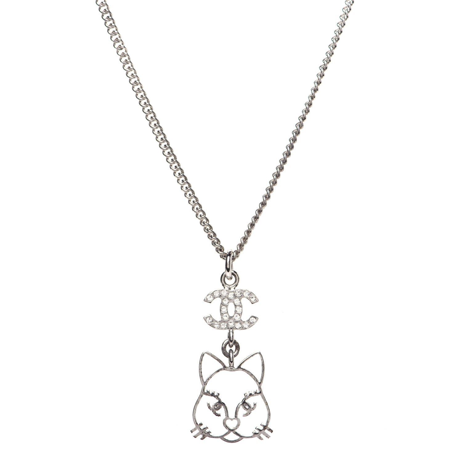 Chanel Crystal Emoji Choupette Cat Pendant Necklace Silver 1 of 8