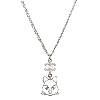 Chanel Crystal Emoji Choupette Cat Pendant Necklace Silver 1 of 8