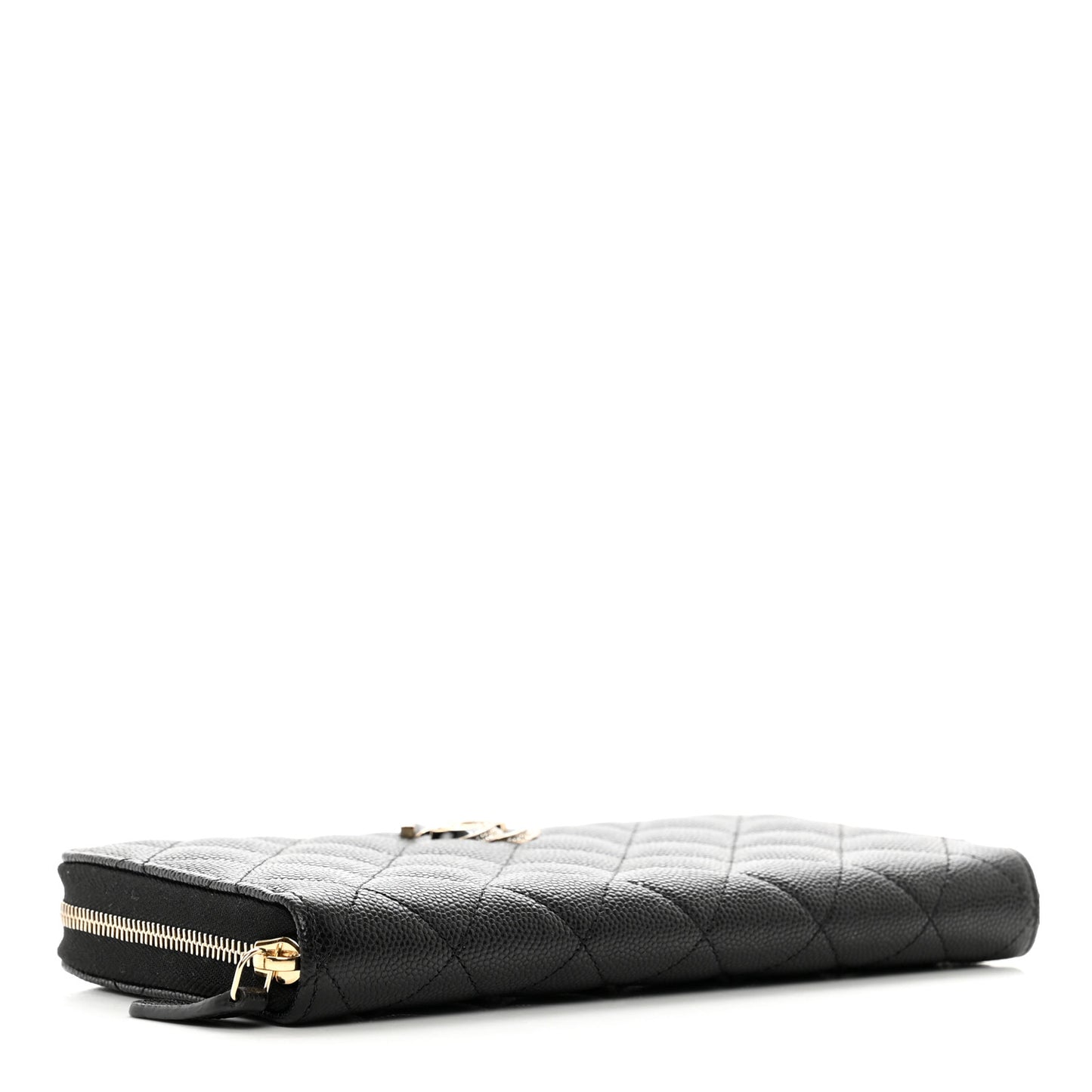 Caviar Quilted Crystal Enamel Large Gusset Zip Around Wallet Black