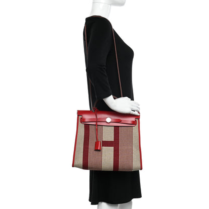 Hermes Vache Hunter Toile H Vibration Herbag Zip 31 PM Bordeaux Ficelle Rouge Piment 2 of 12