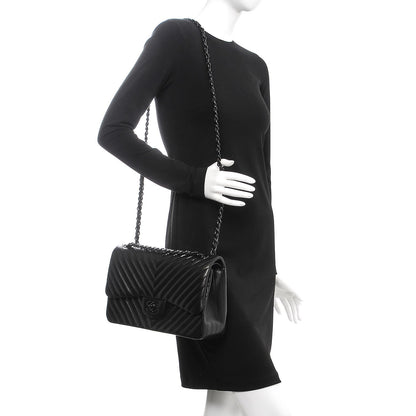 Chanel Lambskin Chevron Quilted Jumbo Double Flap So Black 2 of 9
