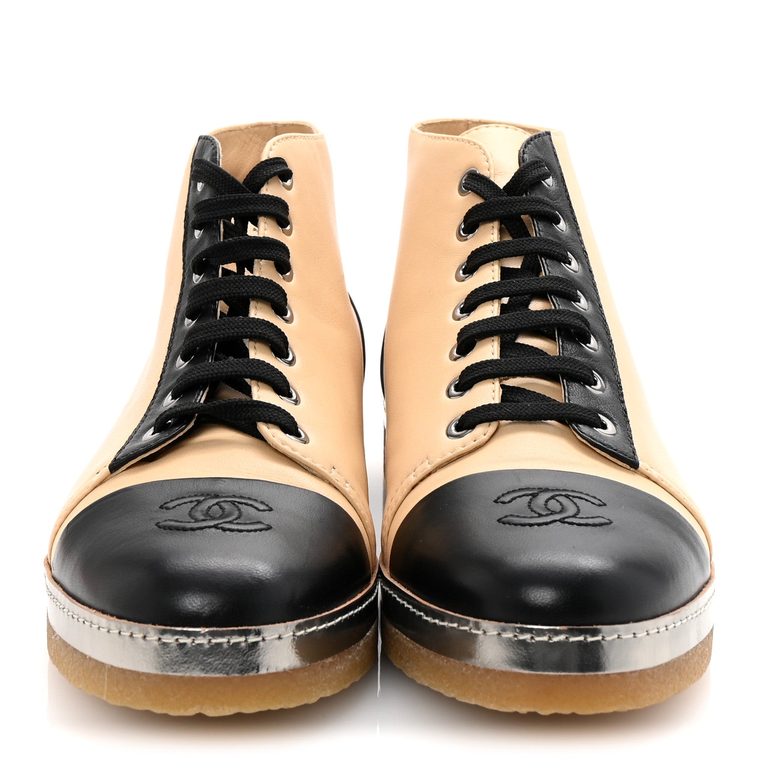 Chanel Lambskin CC Lace Up Short Boots 40 Beige Black 3 of 9