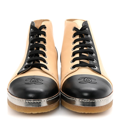 Chanel Lambskin CC Lace Up Short Boots 40 Beige Black 3 of 9