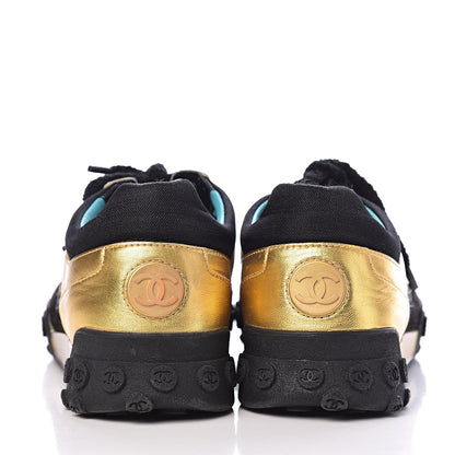 Chanel Metallic Lambskin Satin Finish Womens CC Sneakers 40 Black Gold 12 of 14