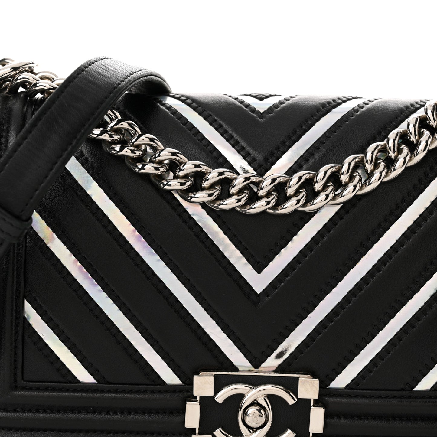 Lambskin Iridescent PVC Chevron Quilted Medium Boy Flap Black Silver