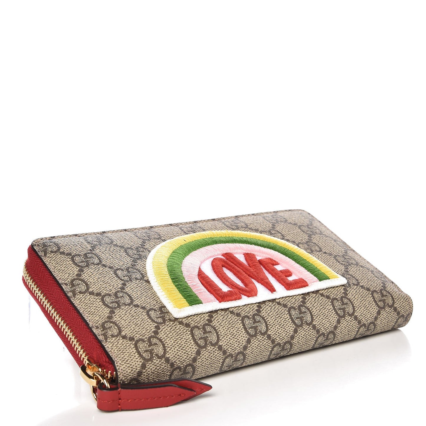 GG Supreme Monogram Embroidered Rainbow Zip Around Wallet Red