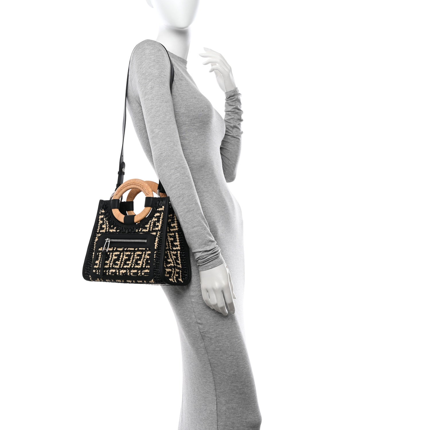 Fendi Wicker Vitello Century FF 1974 Small Runaway Shopper Tote Natural Black 2 of 9