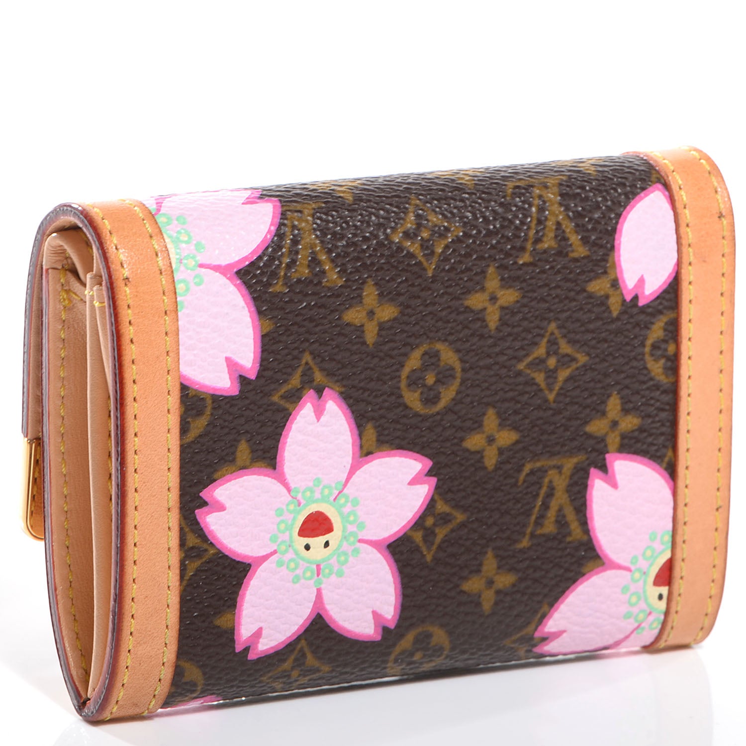 Louis Vuitton Monogram Cherry Blossom Porte-Monnaie Plat Coin Purse Brown 3 of 8