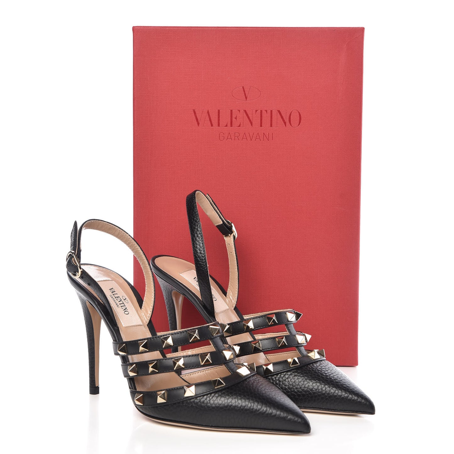 Pebbled Calfskin Rockstud Cage Slingback Pumps 36 Black