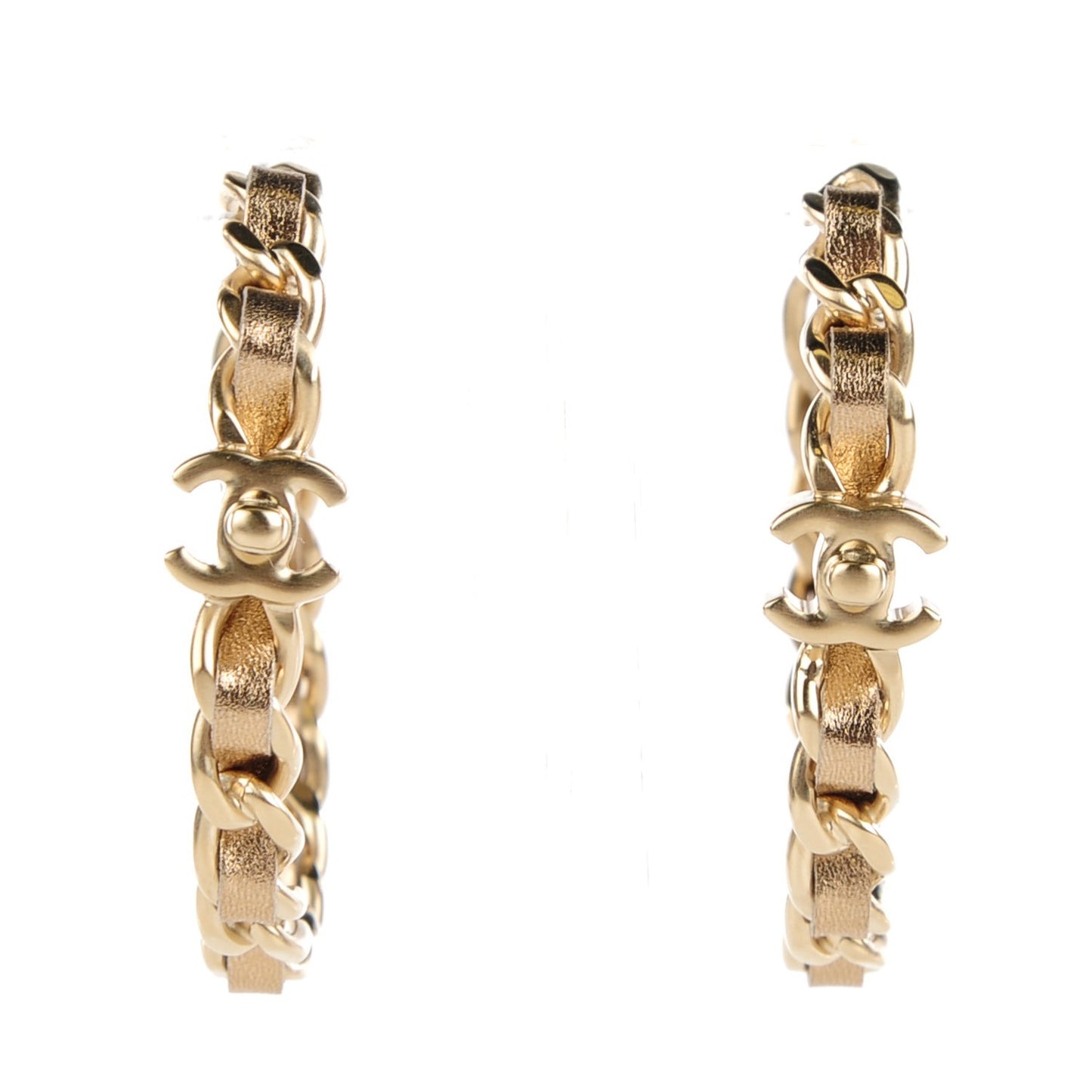 Metal Lambskin CC Turnlock Chain Hoop Earrings Matte Gold