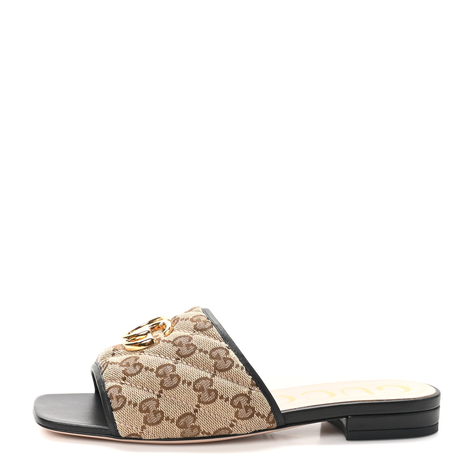 Gucci Monogram Matelasse Diagonal GG Marmont Flat Slide Sandals 36.5 Beige Ebony Black 1 of 9