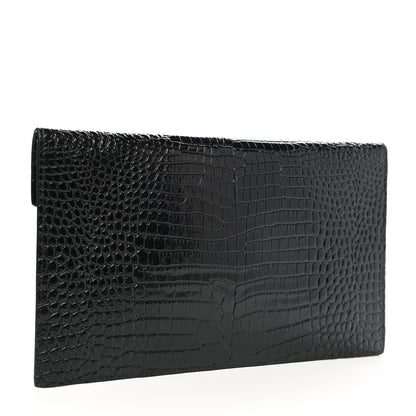 Saint Laurent Calfskin Crocodile Embossed Uptown Monogram Pouch Black 4 of 7