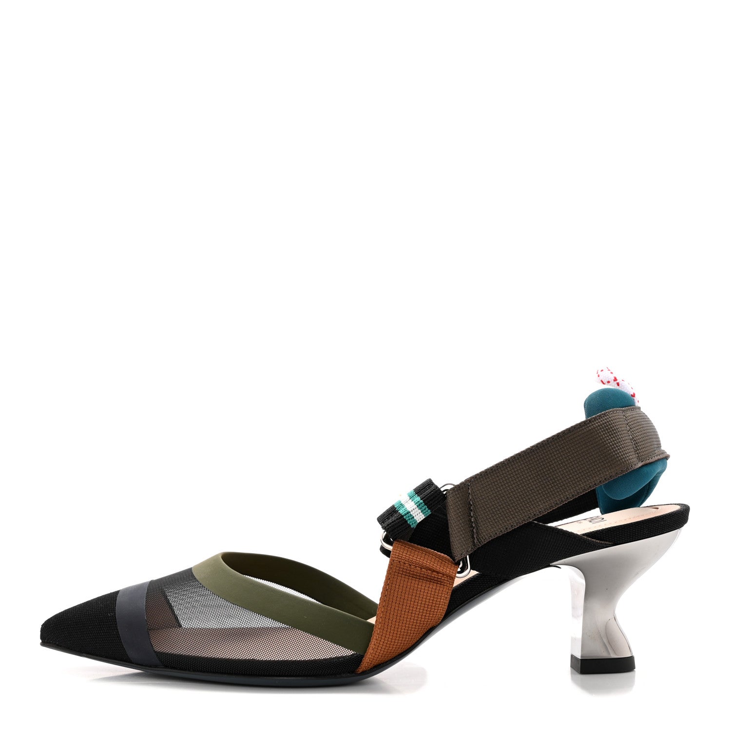 Fendi Technical Mesh Colibri 55mm Slingback Pumps 38 Black Verde Military 1 of 10