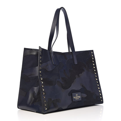 Valentino Garavani Nappa Canvas Camo Medium Rockstud Soft Tote Navy Blue 3 of 12