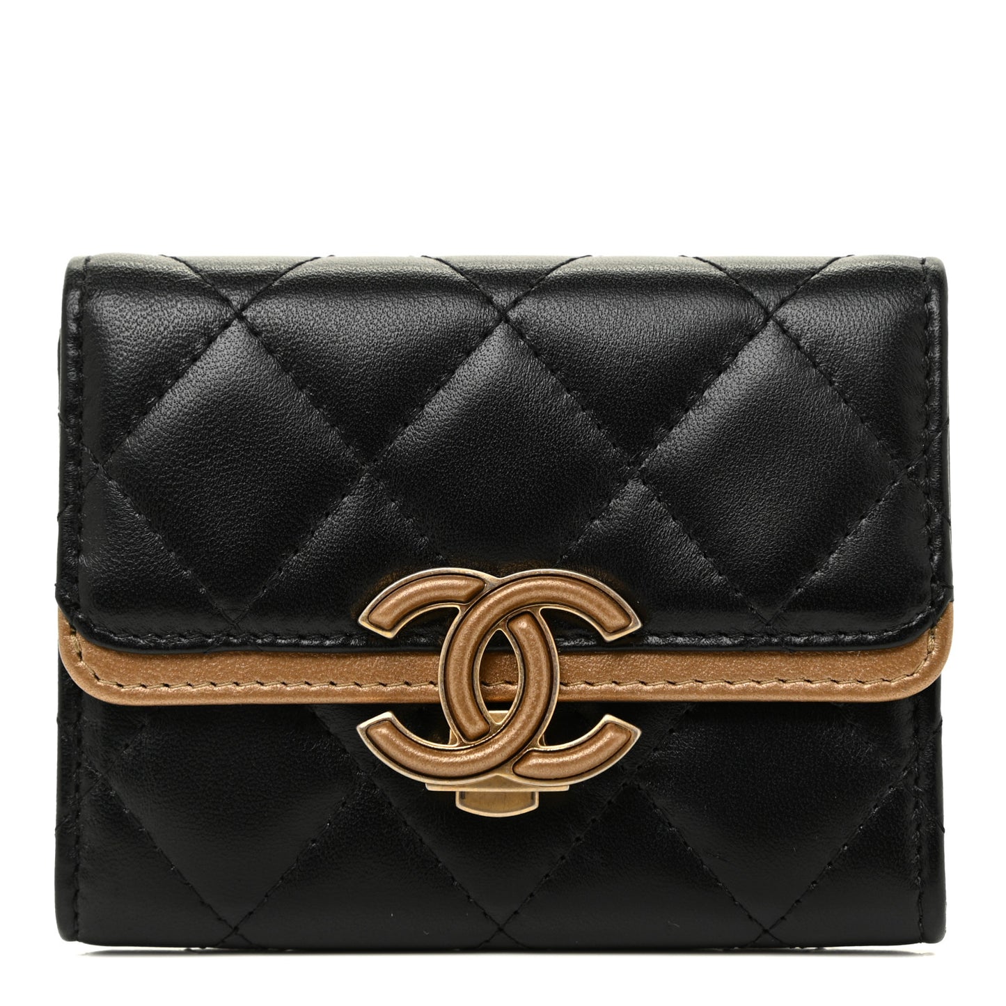 Lambskin Quilted CC Chic Flap Card Holder Black Gold