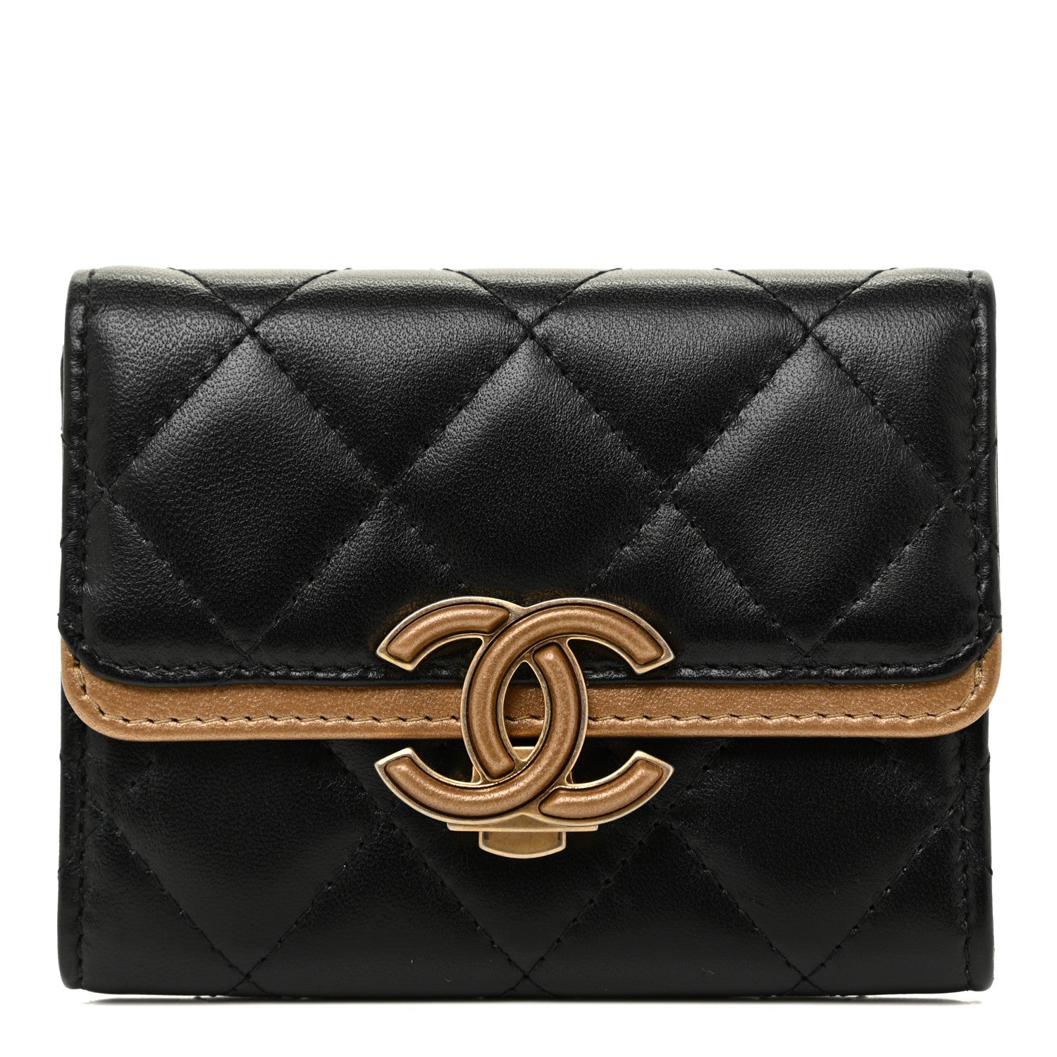 Chanel Lambskin Quilted CC Chic Flap Card Holder Black Gold 1 of 12