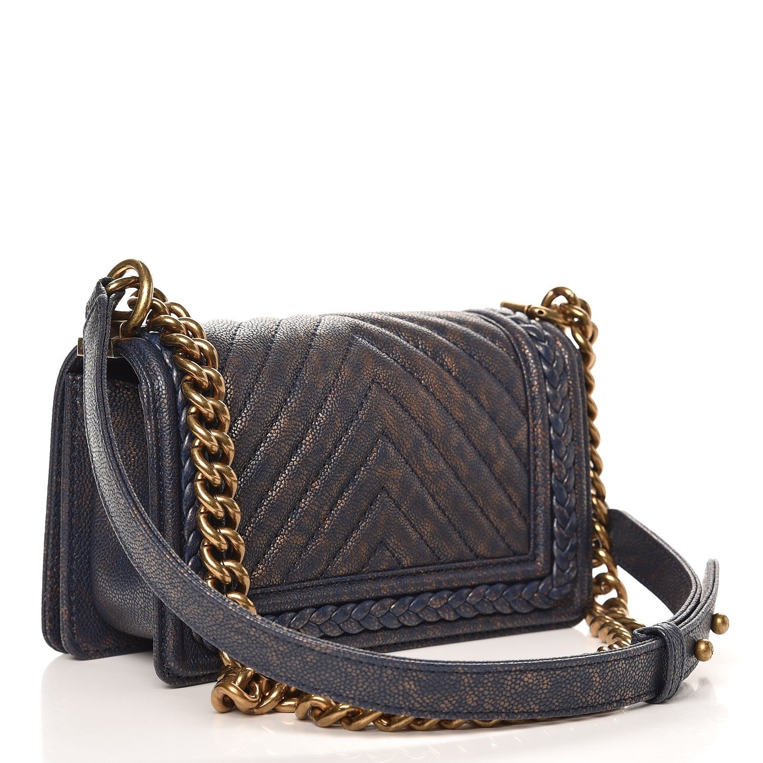 Chanel Patinated Caviar Chevron Braided Small Boy Flap Navy Blue 3 of 8