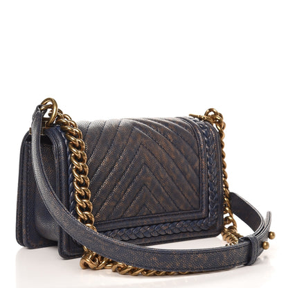 Chanel Patinated Caviar Chevron Braided Small Boy Flap Navy Blue 3 of 8