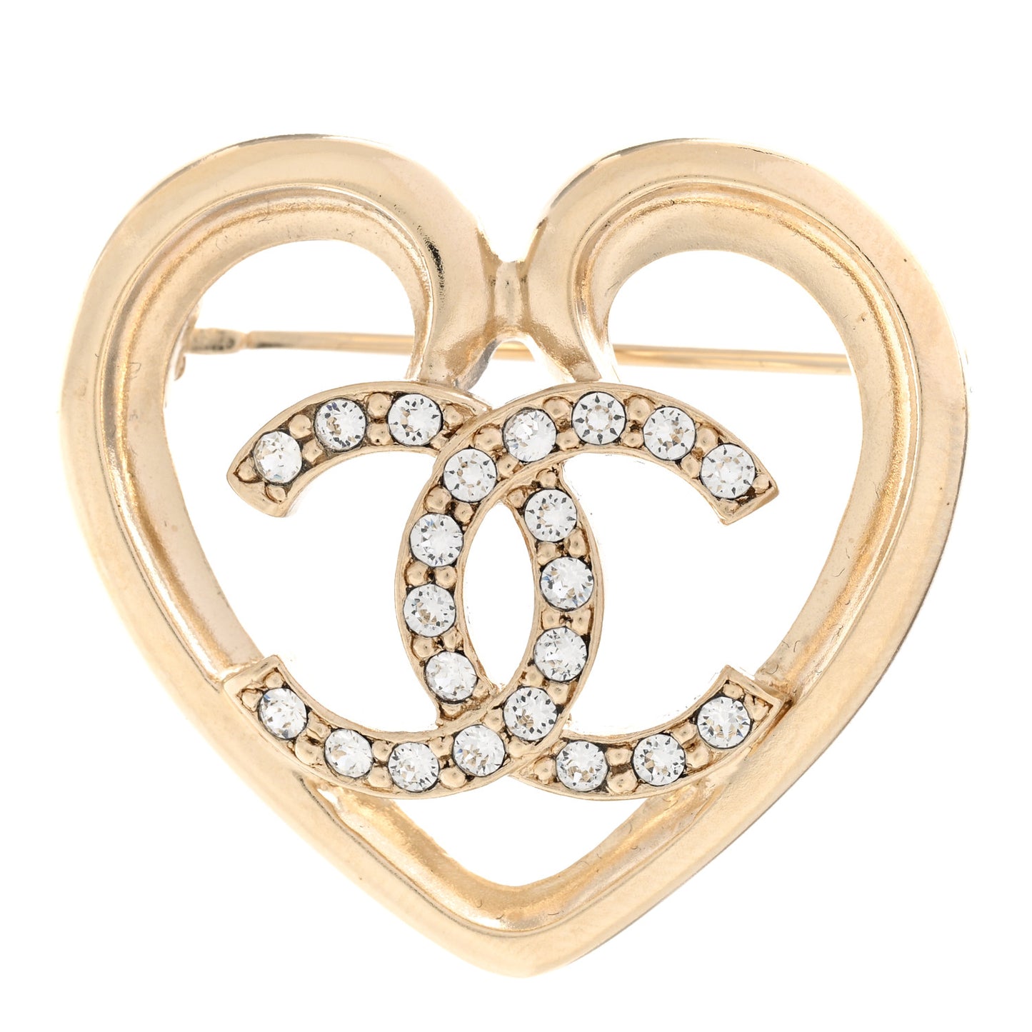Metal Crystal CC Logo Heart Brooch Gold