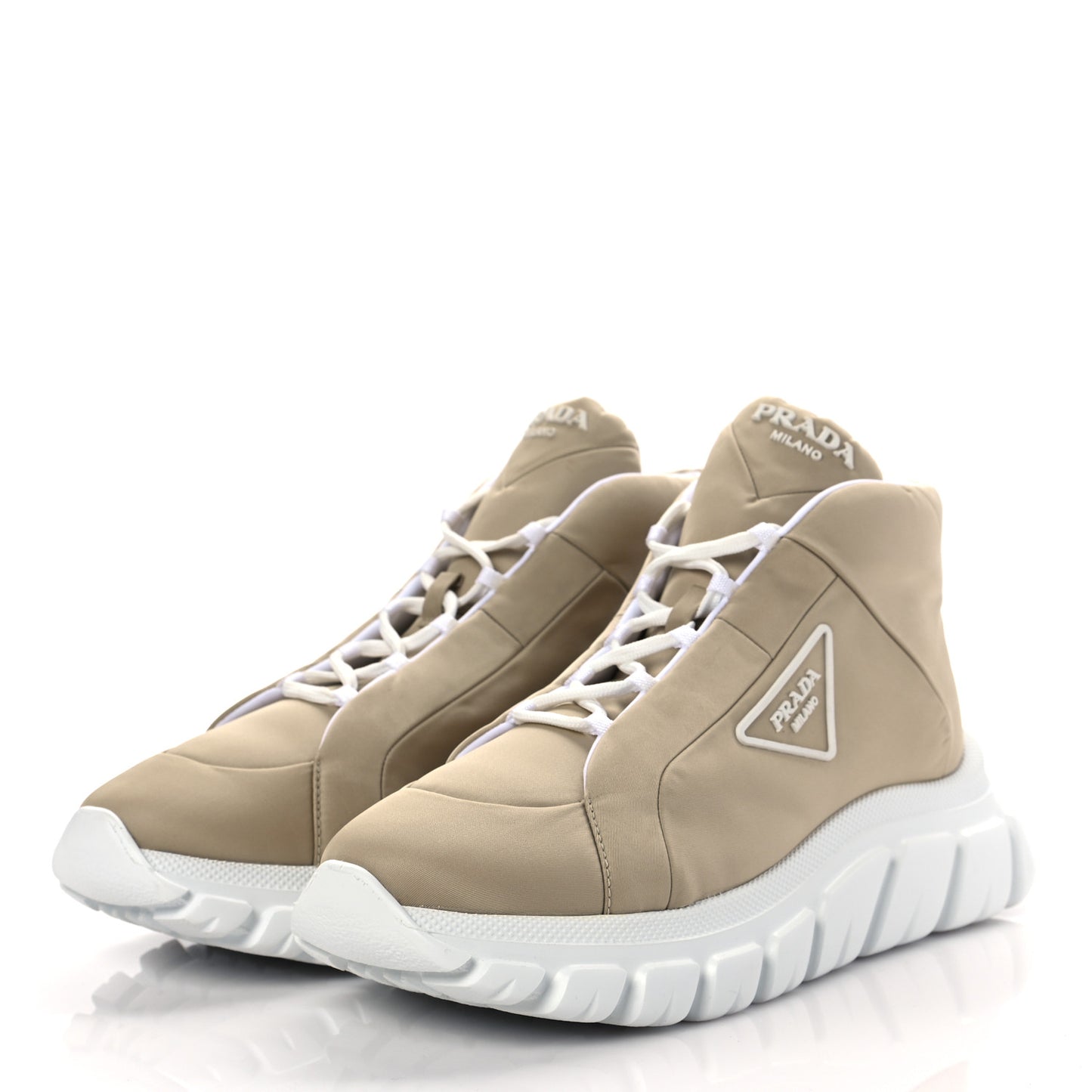 Re-Nylon Gabardine Rubber Triangle Logo Quilted Womens Rush Piuma 50mm Mid Sneakers 40.5 Deserto