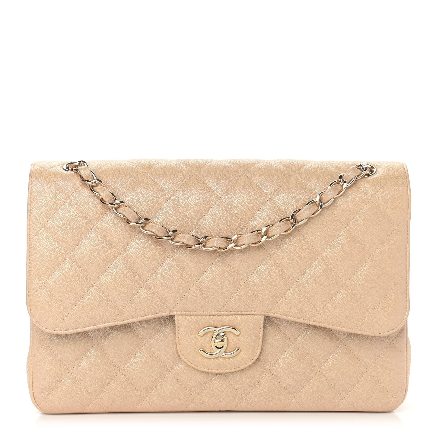 Iridescent Caviar Quilted Jumbo Double Flap Beige