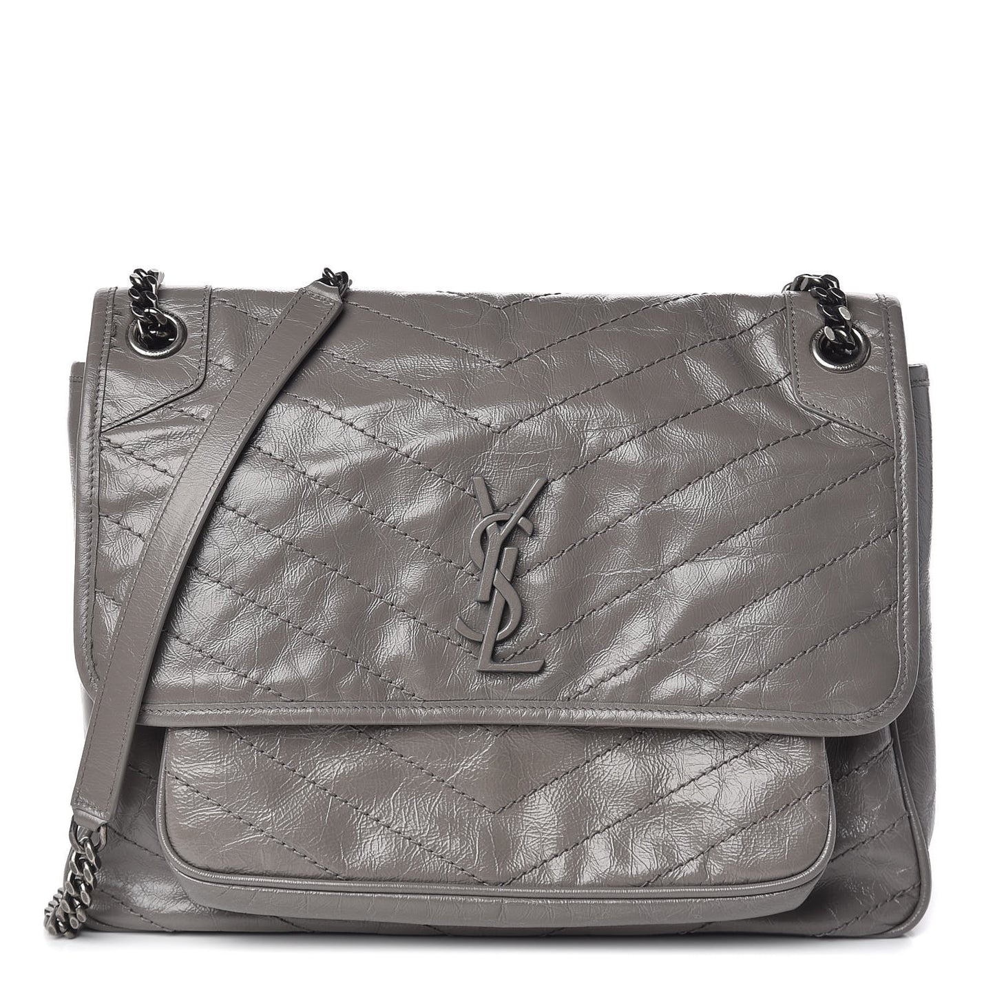 Crinkled Calfskin Matelasse Monogram Large Niki Chain Satchel Fog