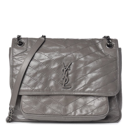 Saint Laurent Crinkled Calfskin Matelasse Monogram Large Niki Chain Satchel Fog 1 of 10